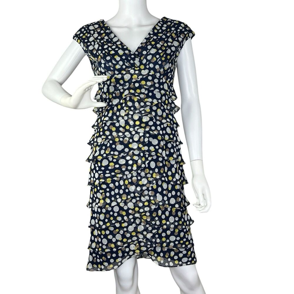 Adrianna Papell Size 4 Cap Sleeve Sheath Dress Empire Waist Polka Dot Whimsy